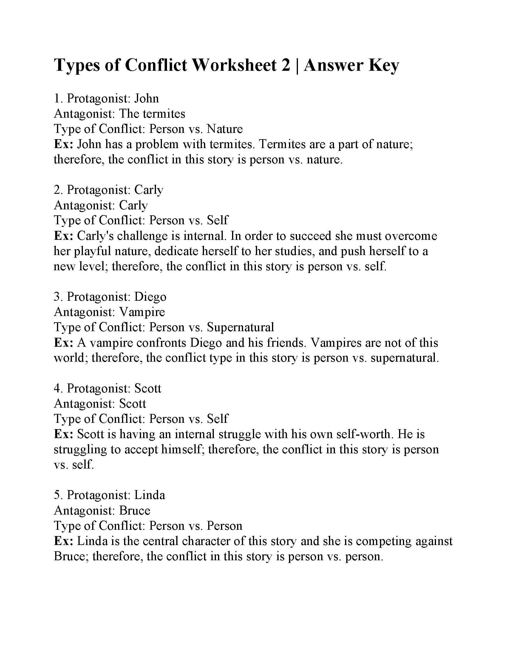 Types Of Conflict Worksheet 2  Answers Intended For Types Of Conflict Worksheet Pdf