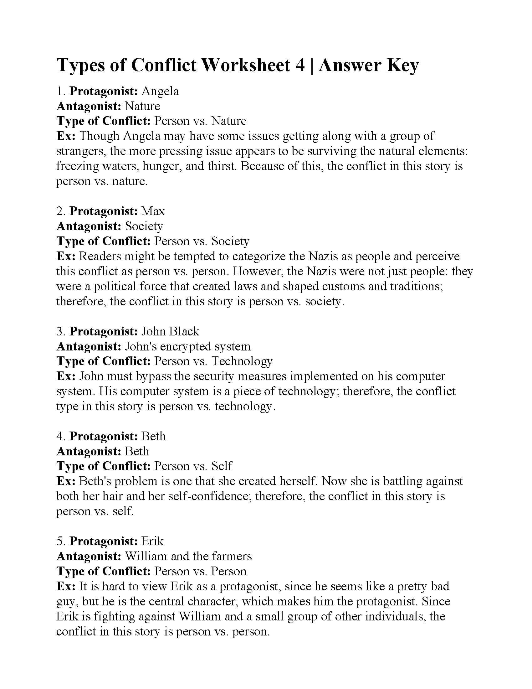 Types Of Conflict Worksheet 4  Answers In Types Of Conflict Worksheet Pdf