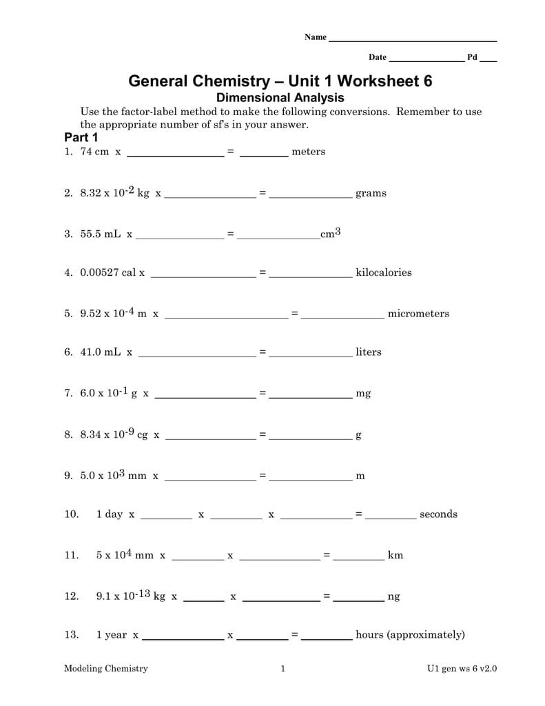 Unit 1 Worksheet 6 General Chemistry Dimensional Analysis And Chemistry Data Analysis Worksheets