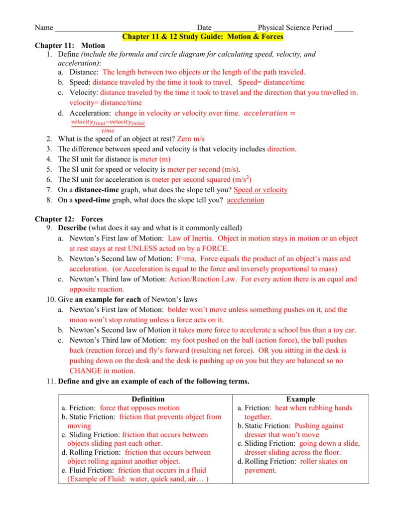 Unit 2 Motion And Forces Study Guide With Answers Also Forces And Friction Practice Worksheet Answer Key