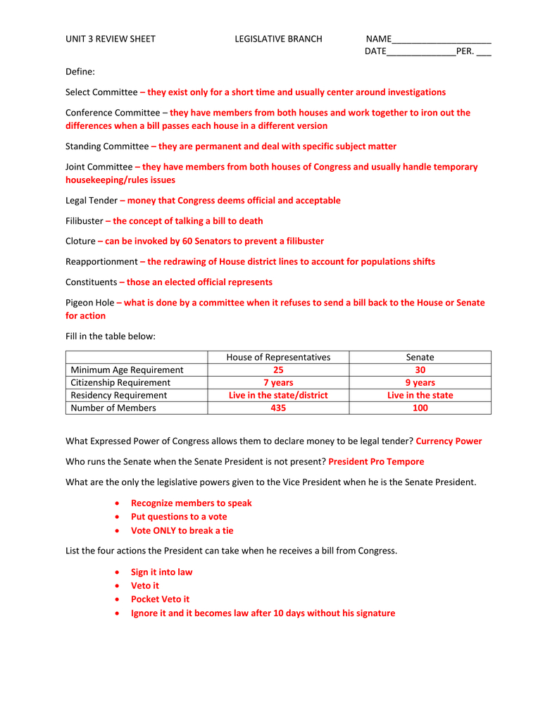 Unit 3 Review Sheet With Answers Throughout Worksheet The Legislative Branch Answer Key