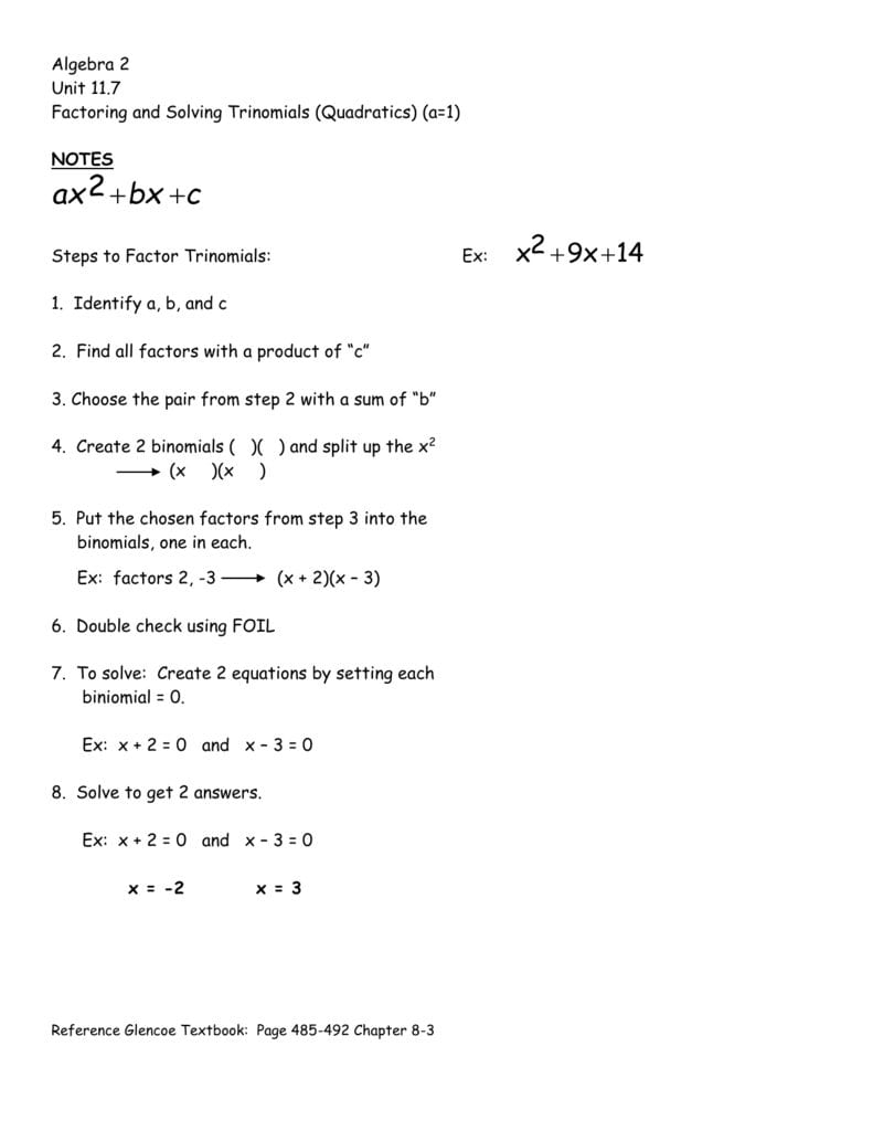 Unit 9 Worksheet With Regard To Factoring Trinomials A 1 Worksheet