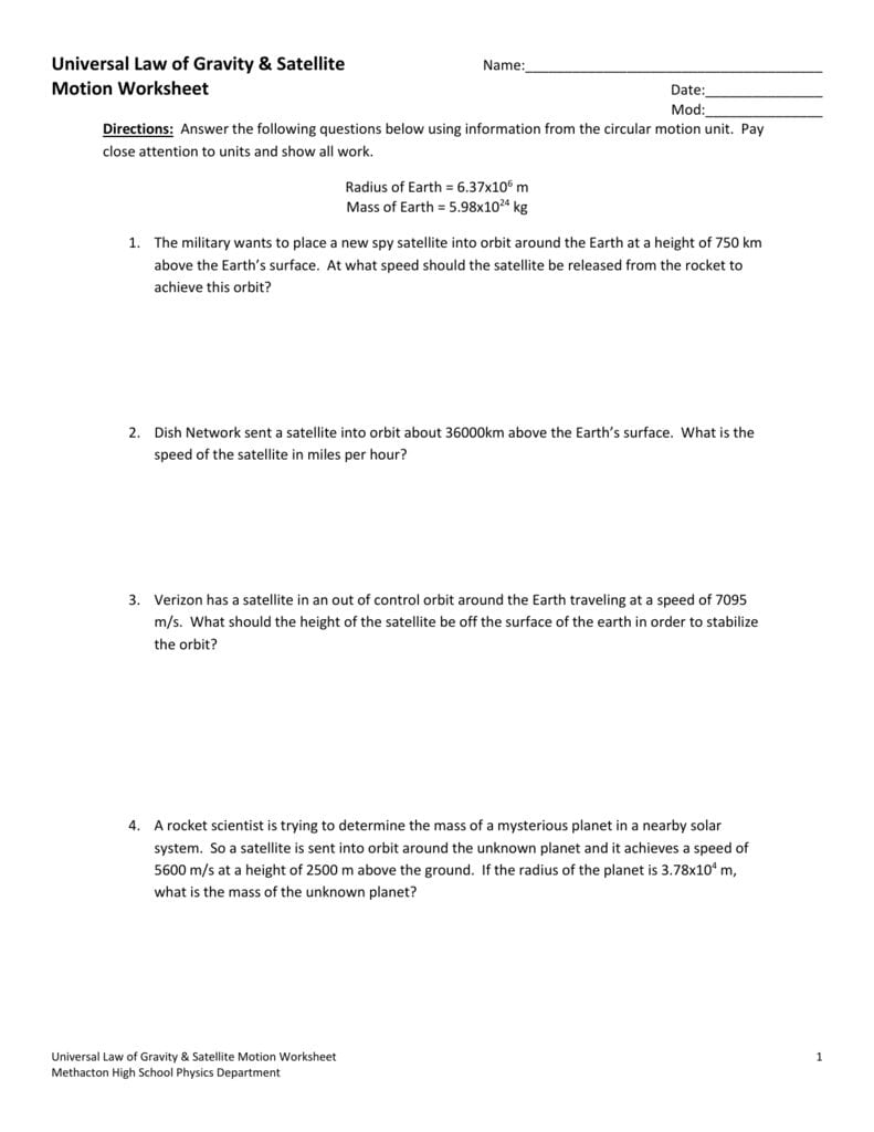 Universal Law Of Gravity  Satellite For Circular And Satellite Motion Worksheet Answers