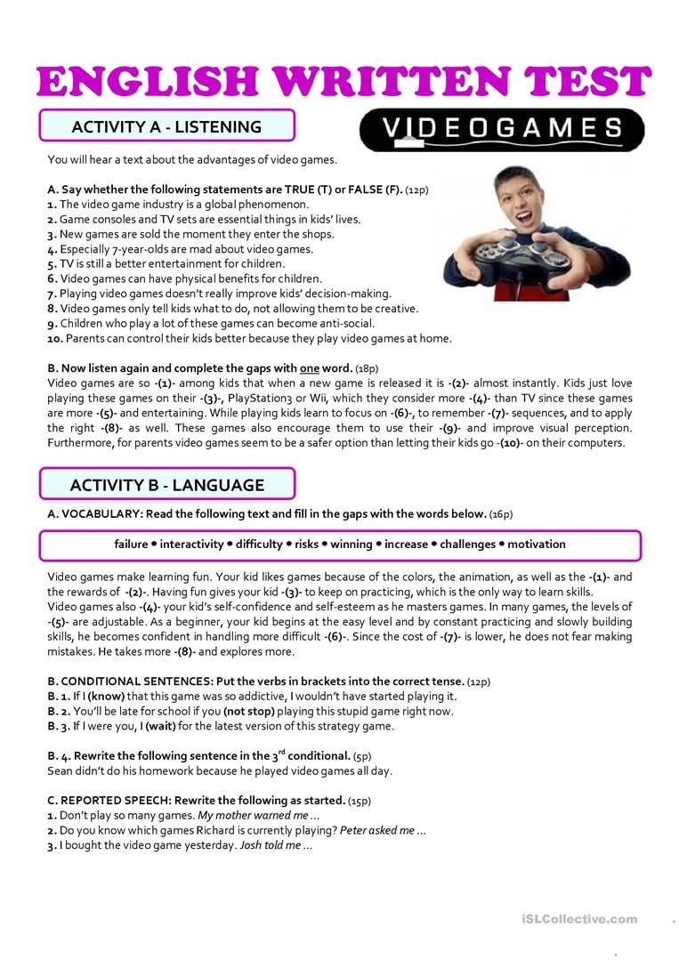 Video Games  10Th Grade Test Worksheet  Free Esl Printable And Reading Comprehension Worksheets About Video Games