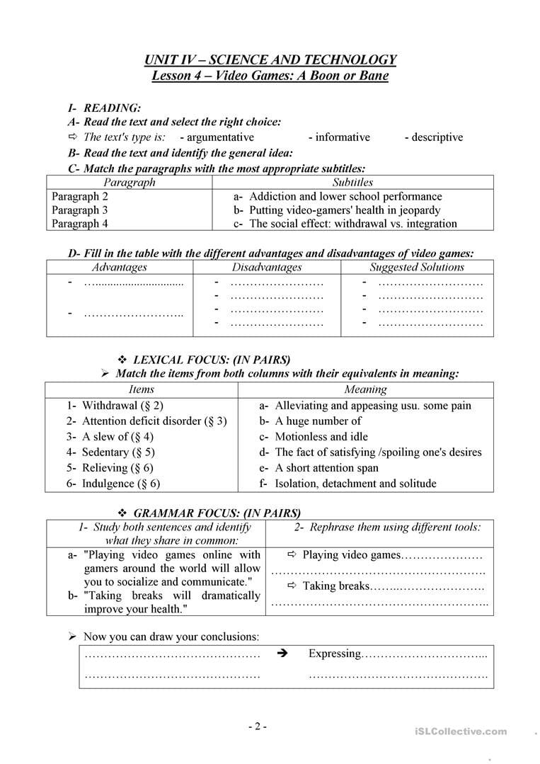 Video Games A Boon Or Bane Worksheet  Free Esl Printable Also Reading Comprehension Worksheets About Video Games