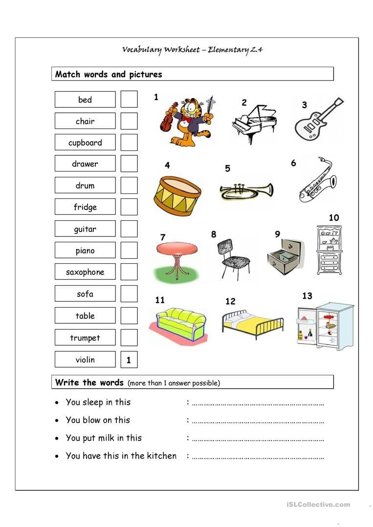 Vocabulary Matching Worksheet  Elementary 24 Musical Instruments Also Elementary Music Worksheets