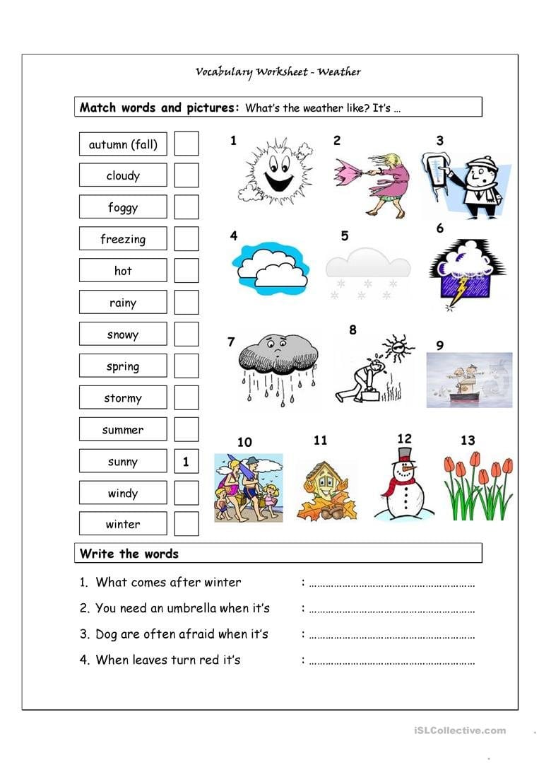 Vocabulary Matching Worksheet  Weather Worksheet  Free Esl For Esl Vocabulary Worksheets
