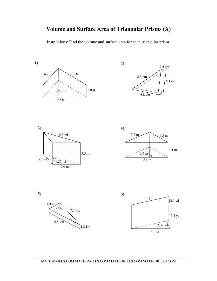 Volume And Surface Area Of Triangular Prisms A Throughout Surface Area Of Prisms And Cylinders Worksheet Answers