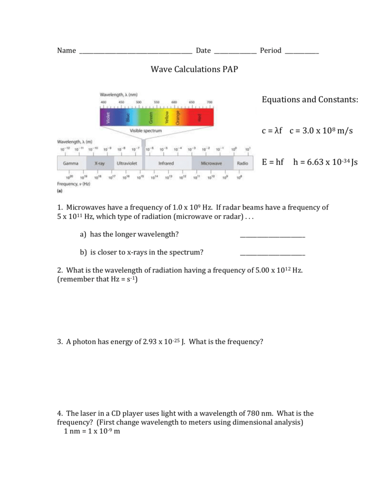 Wave Calculations Ws Pap Pertaining To Light Waves Chem Worksheet 5 1 Answer Key