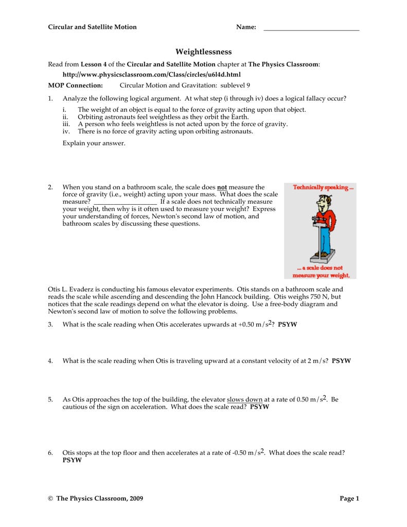 Weightlessness  The Physics Classroom Inside Circular And Satellite Motion Worksheet Answers