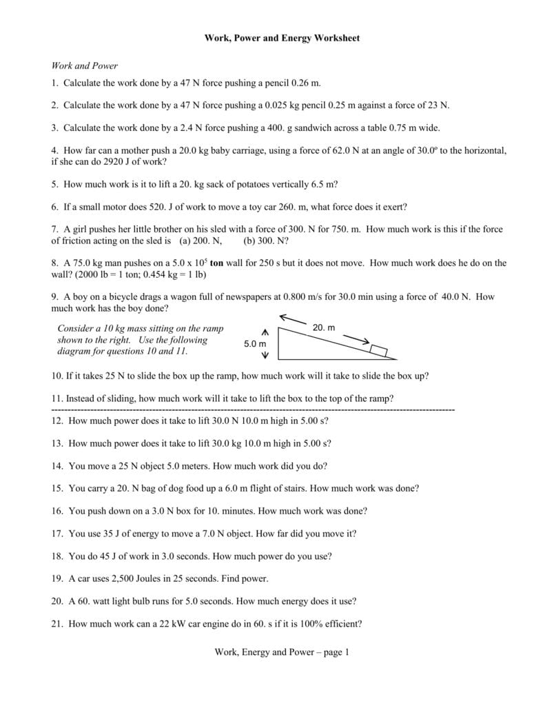 Work Power And Energy Worksheet As Well As Work Power And Energy Worksheet