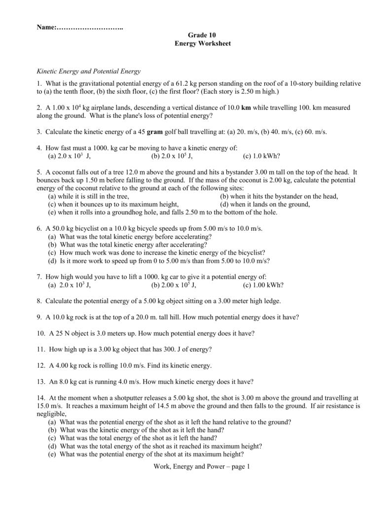 Work Power And Energy Worksheet Within Work Power And Energy Worksheet