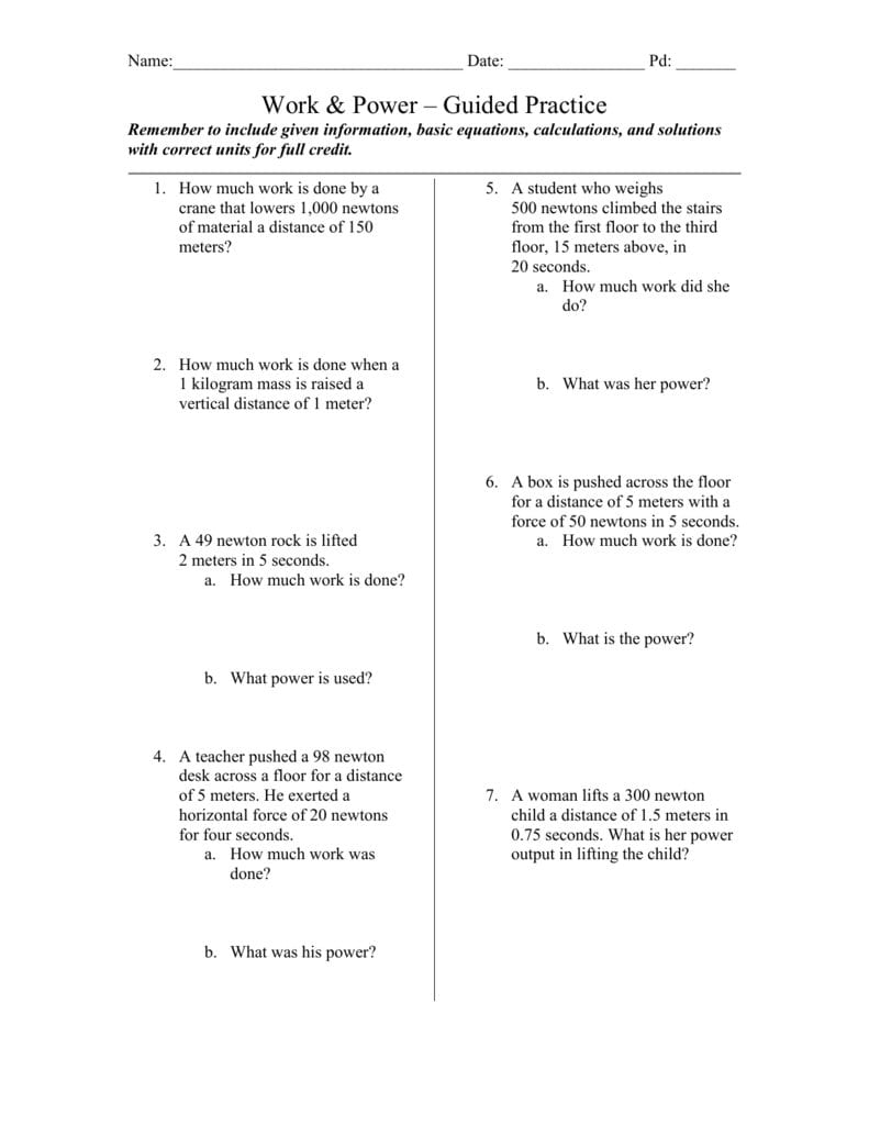 Work  Power Worksheet And Power Worksheet Answers