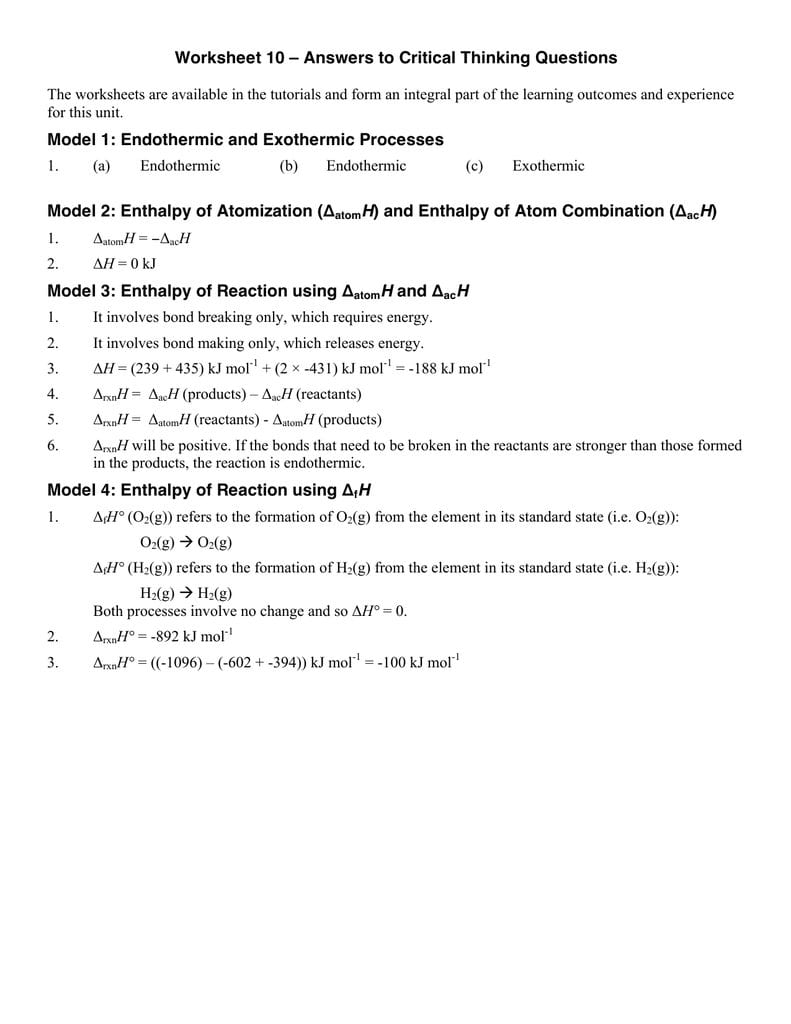 Worksheet 10 – Answers To Critical Thinking Questions As Well As Critical Thinking Worksheets