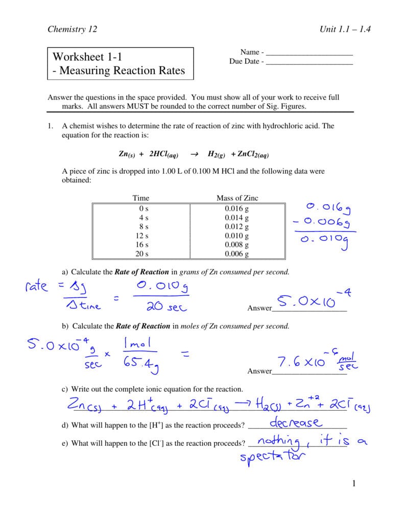 Worksheet 11  Measuring Reaction Rates And Rates Of Reaction Worksheet