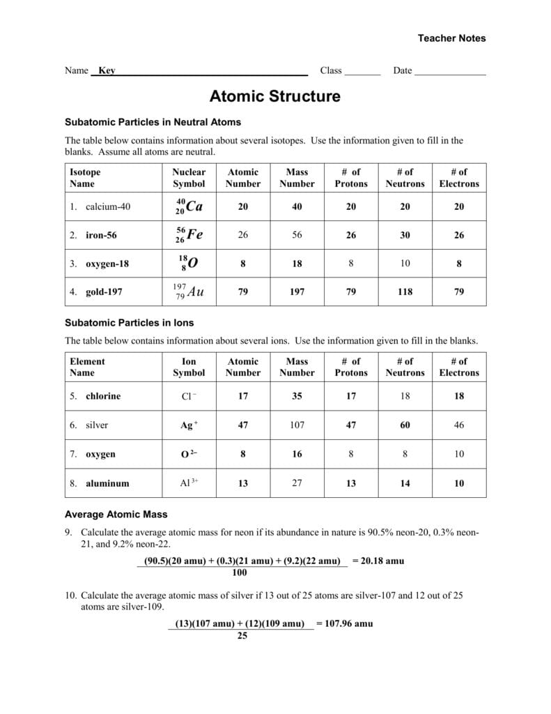 Worksheet  Atomic Structure  Teacher And Atomic Structure Worksheet