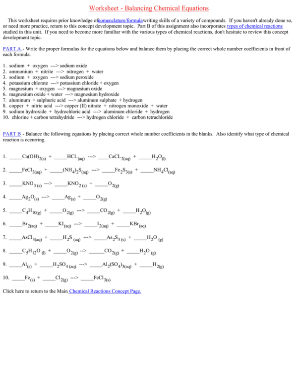 Balancing Chemical Equations Practice Worksheet Answer Key ...