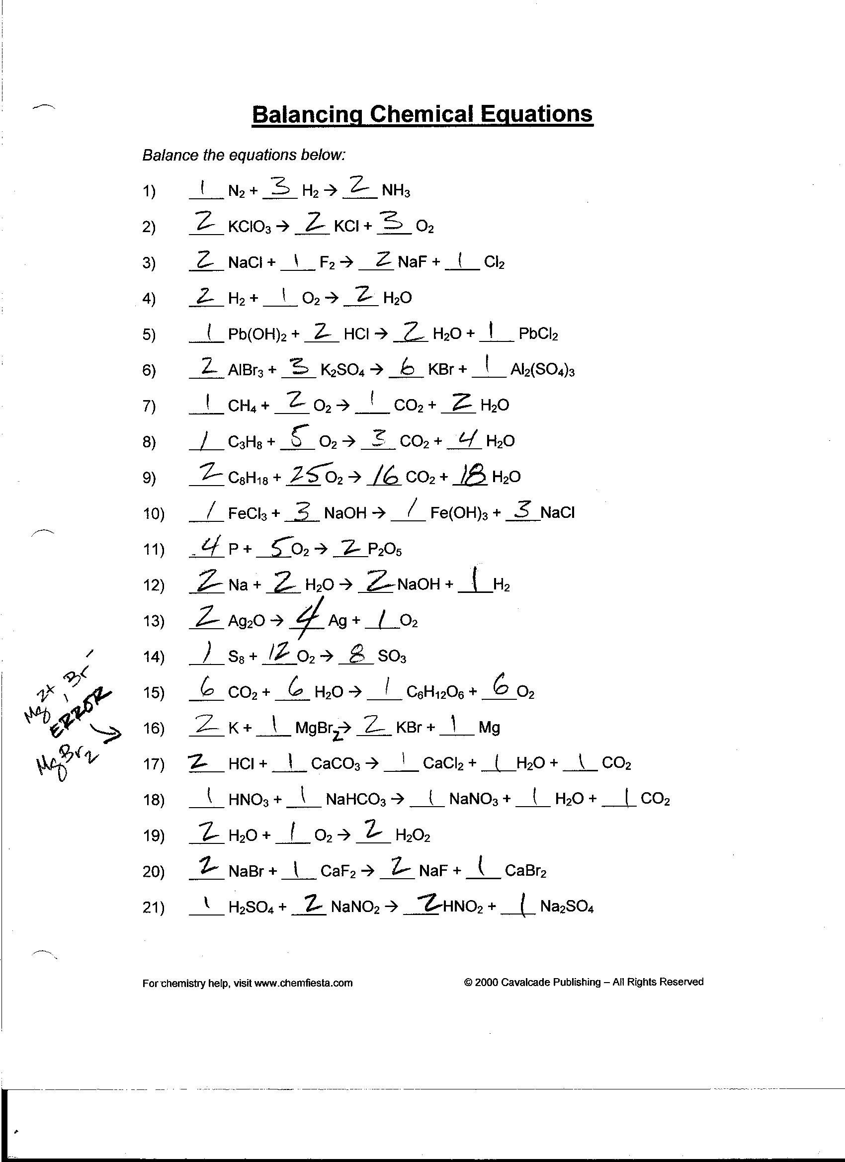 Worksheet Balancing Equations Practice Worksheet Balancing Also Balancing Chemical Reactions Worksheet Answers