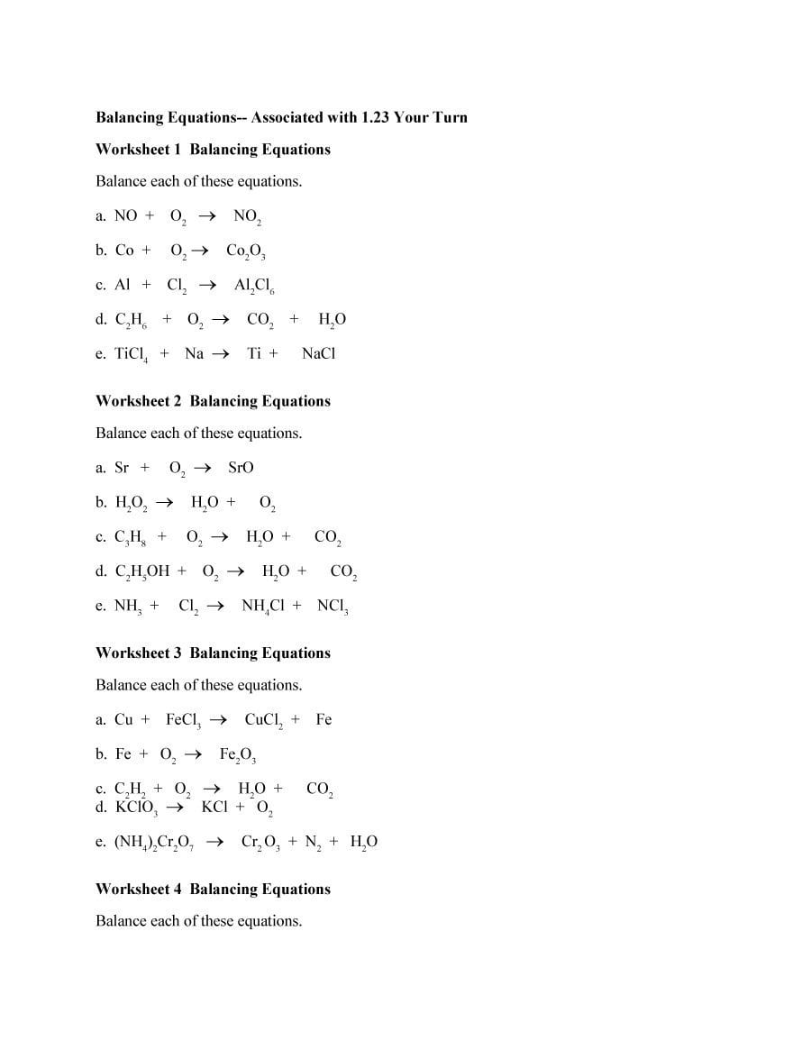 Worksheet Balancing Equations Practice Worksheet Balancing Throughout Balancing Chemical Equations Practice Worksheet Answer Key