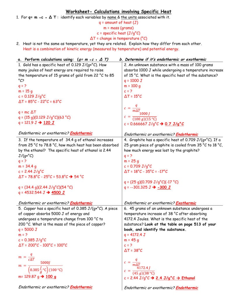Worksheet Calculations Involving Specific Heat Pertaining To Worksheet Introduction To Specific Heat Capacities