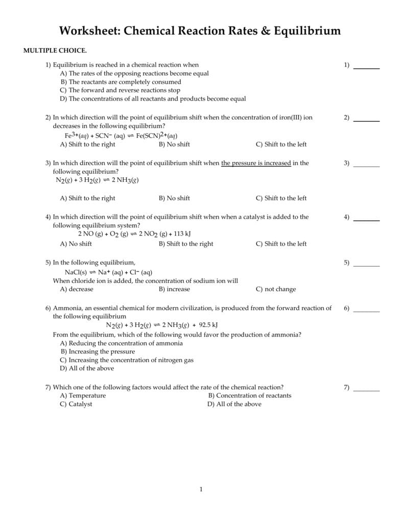 Worksheet Chemical Reaction Rates  Equilibrium With Rates Of Reaction Worksheet