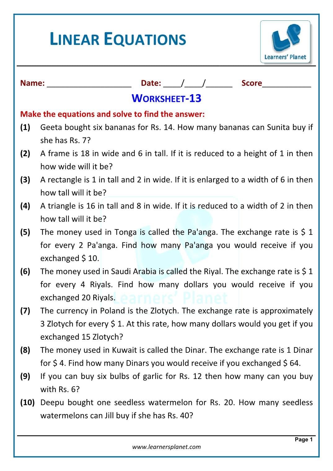 Worksheet For Linear Equations In One Variable Class 7 Maths Regarding Linear Equation In One Variable Worksheet