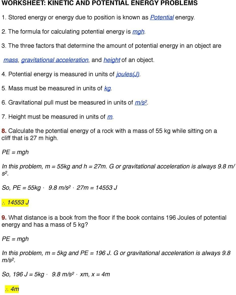 Worksheet Kinetic And Potential Energy Problems  Pdf In Worksheet Kinetic And Potential Energy Problems Answer Key