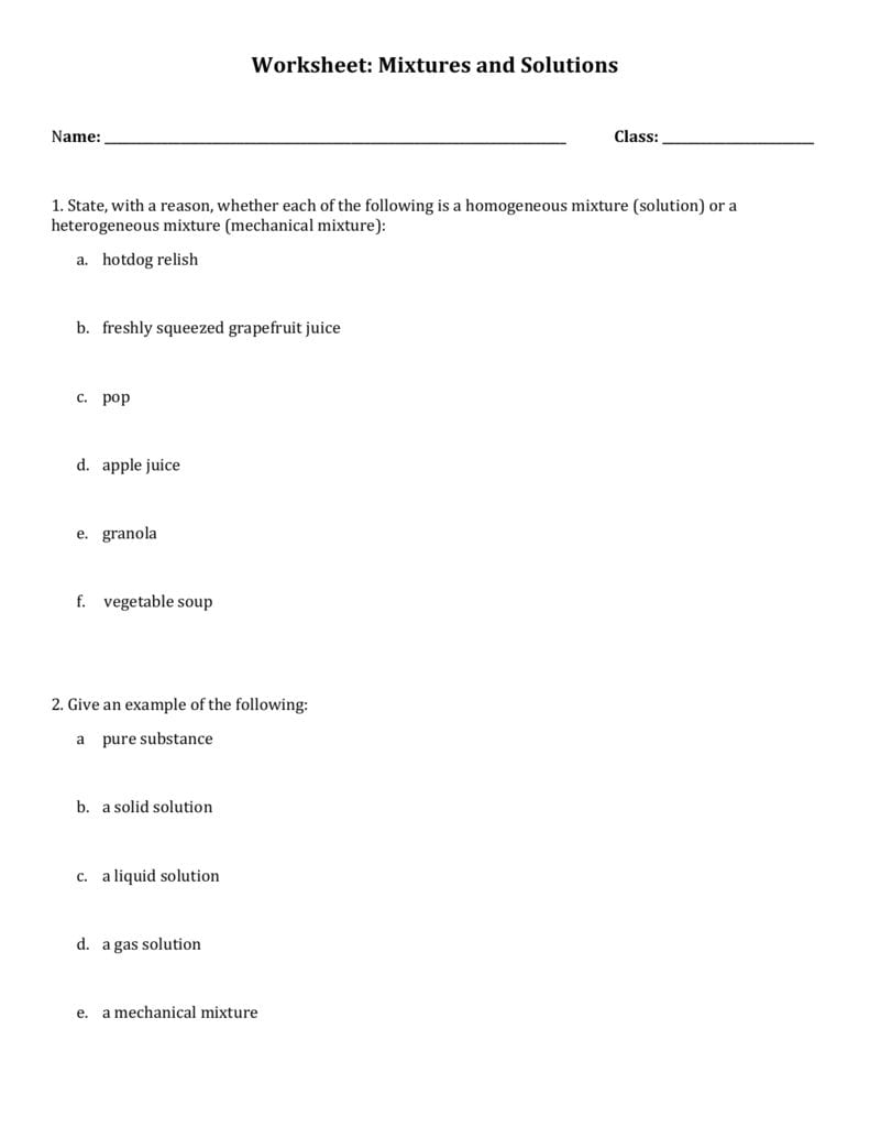Worksheet Mixtures And Solutions Together With Solutions Worksheet Answers