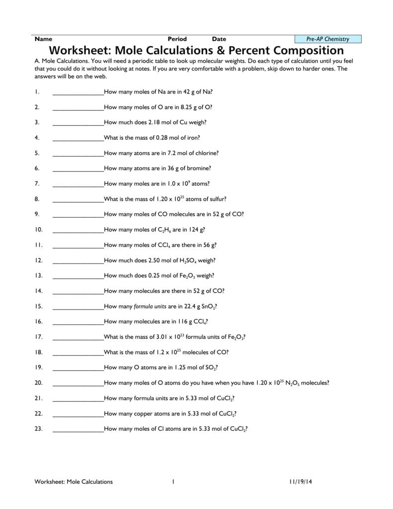 Worksheet Mole Calculations  Percent Composition Within Mole Calculation Worksheet