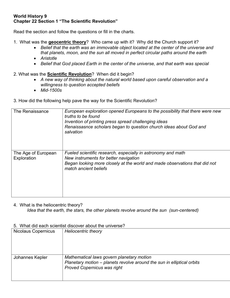 World History 9 Chapter 22 Section 1 “The Scientific Revolution With Chapter 22 Section 1 The Scientific Revolution Worksheet Answers