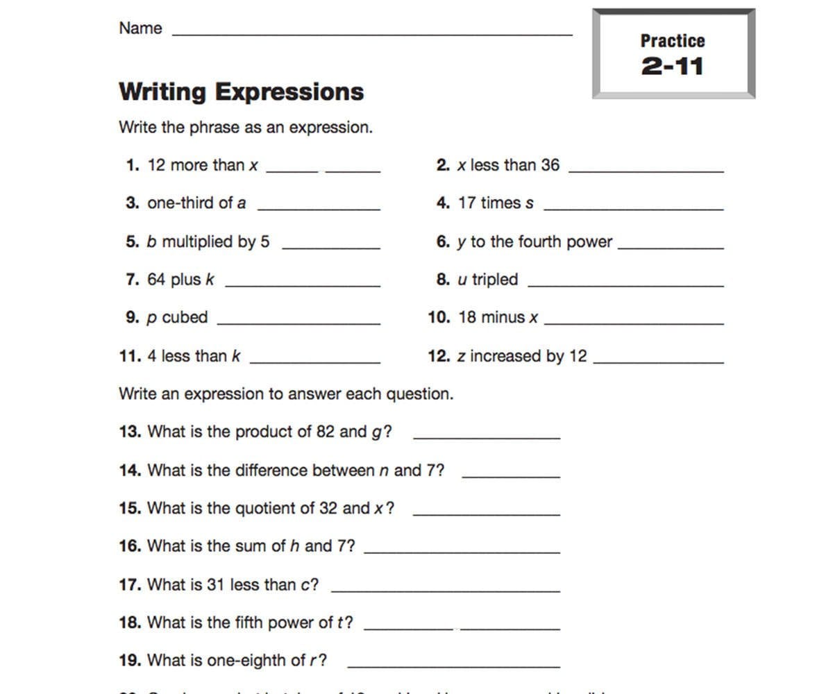 Writing Expressions  Teachervision Inside Writing Algebraic Expressions Worksheet Pdf