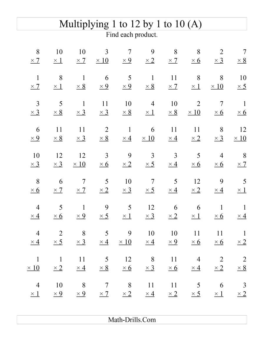 100 Vertical Questions  Multiplying 1 To 121 To 10 A As Well As Multiplication Worksheets 1 12