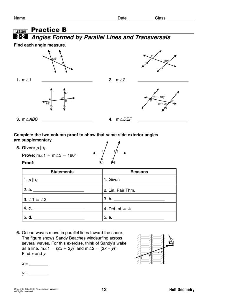 32 Practice B Angles Formedparallel Lines And Transversals In Geometry Parallel Lines And Transversals Worksheet Answers