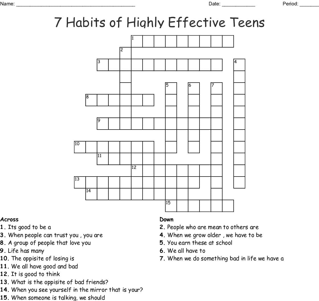 7 Habits Of Highly Effective Teens Crossword  Wordmint Pertaining To 7 Habits Worksheet Pdf