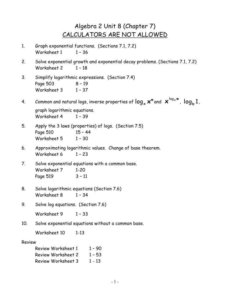 Algebra 2 Unit 8 Chapter 7 For Laws Of Logarithms Worksheet