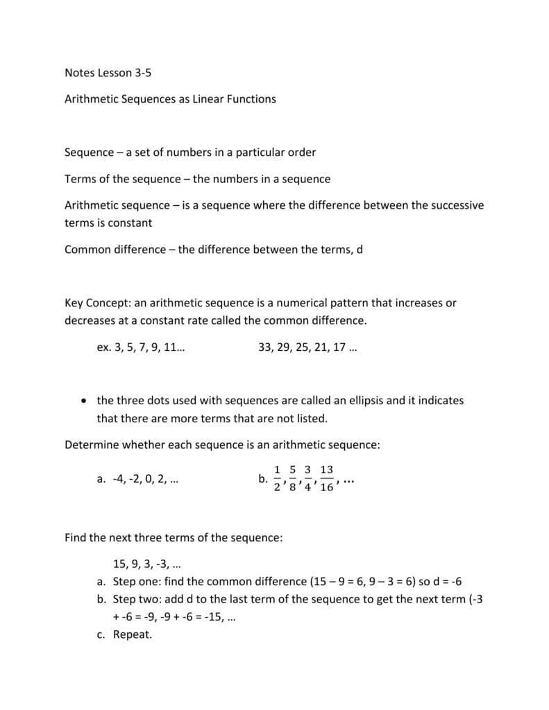 Arithmetic Sequences As Functions For Arithmetic Sequences As Linear Functions Worksheet