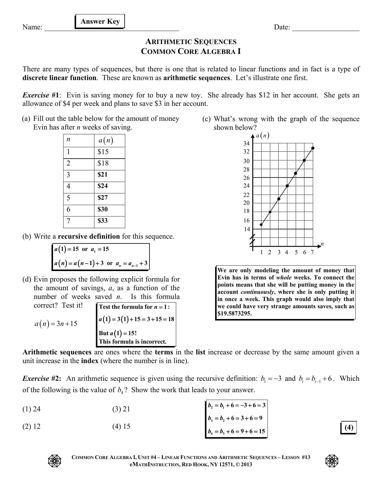 Arithmetic Sequences Lesson 13 Ak And Arithmetic Sequences As Linear Functions Worksheet