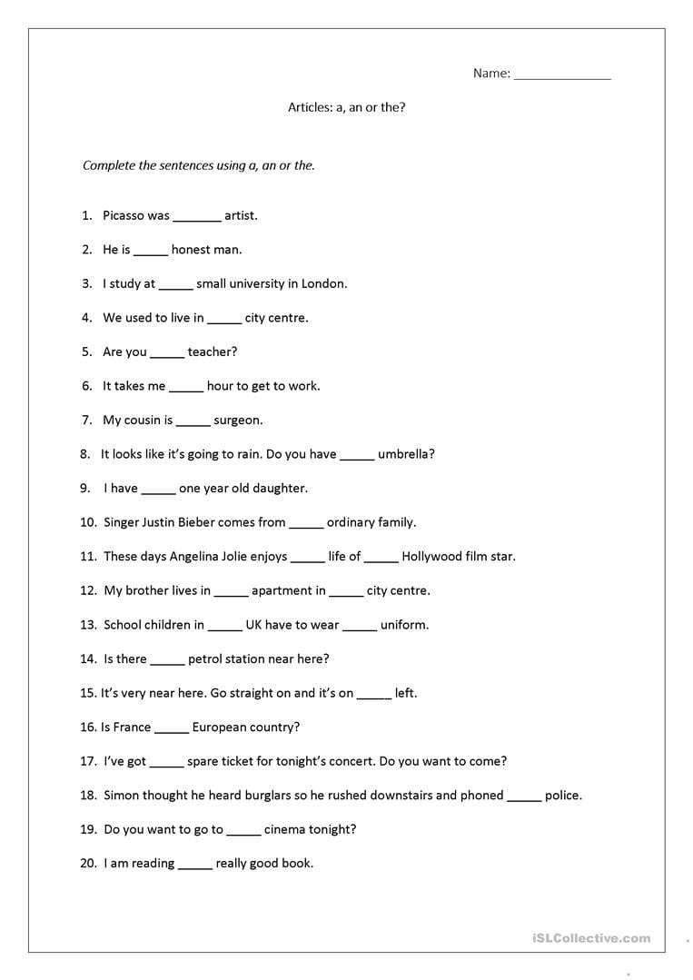 Articles Worksheet A An The Includes Answers  English Pertaining To English Grammar Worksheets For Grade 2 With Answers
