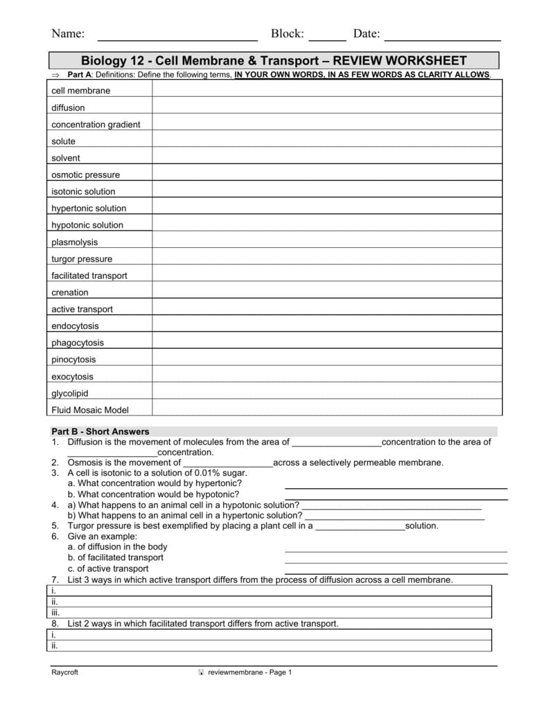 Biology 12  Cell Membrane  Transport – Review Worksheet Regarding Cell Membrane And Transport Worksheet