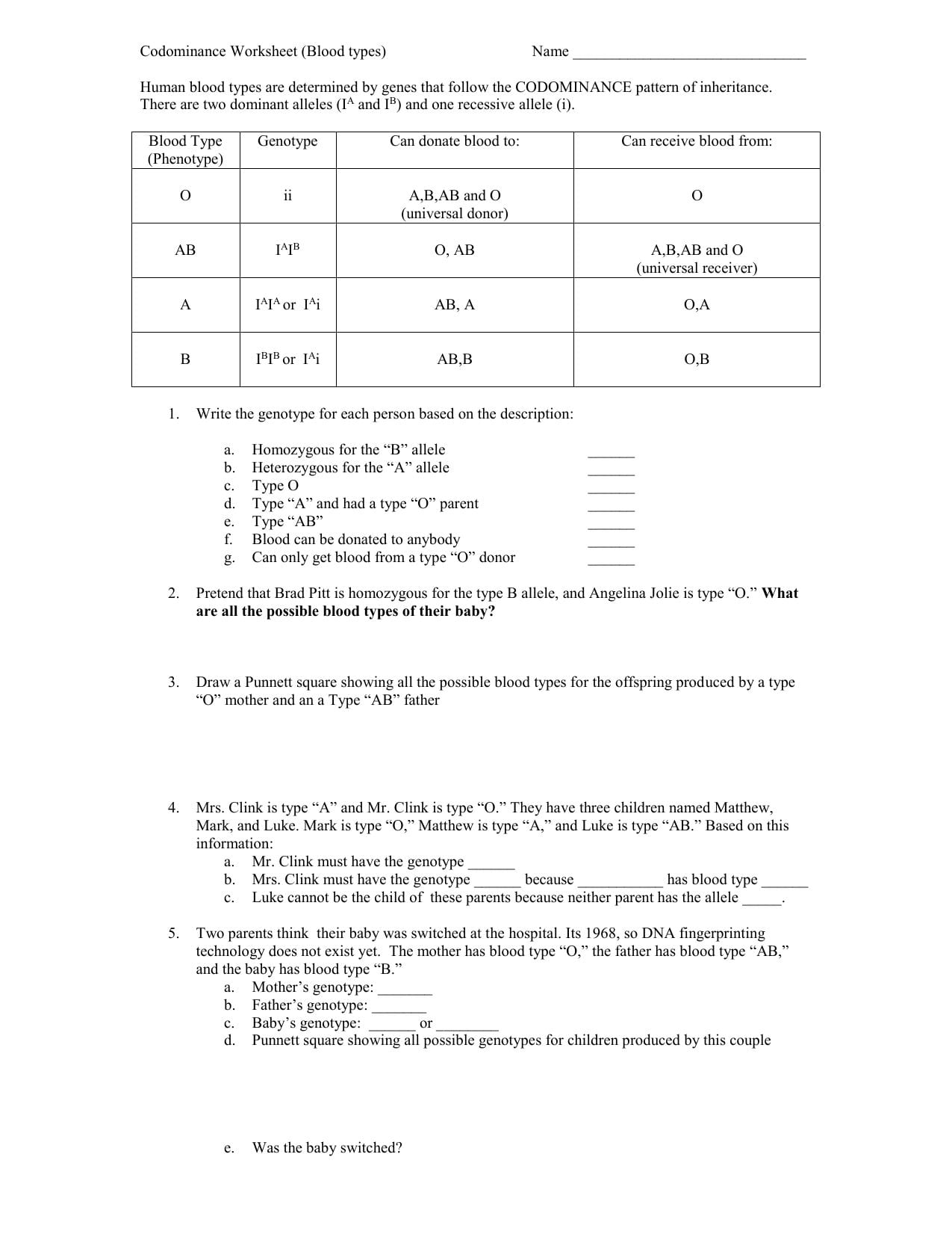 Bloodtypes Ws And Codominance Worksheet Blood Types