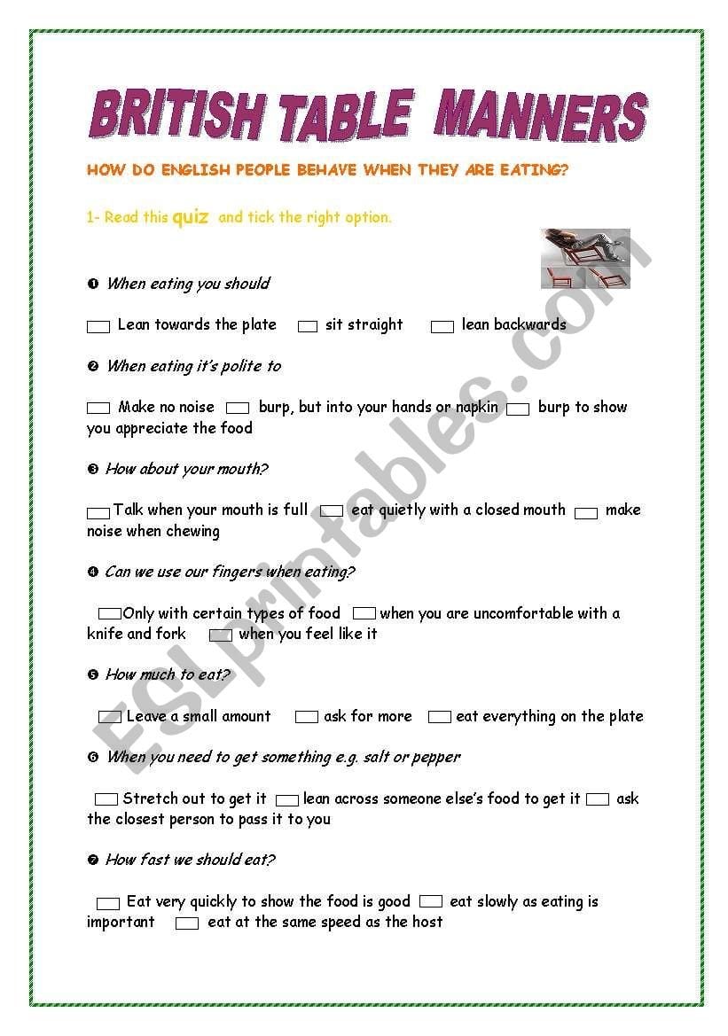 British Table Manners  Esl Worksheetmanoushka Along With Table Manners Worksheet