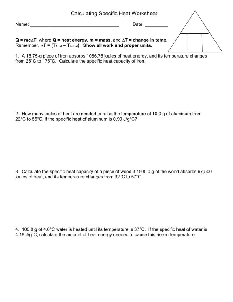 Calculating Specific Heat Worksheet Within Heat Transfer Specific Heat Problems Worksheet