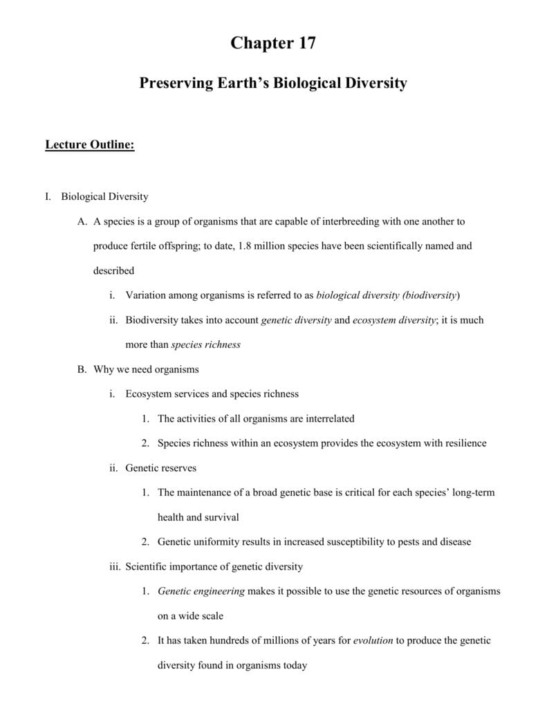 Ch 17 Biodiversity Lecture Notes Intended For Biological Diversity And Conservation Chapter 5 Worksheet Answers