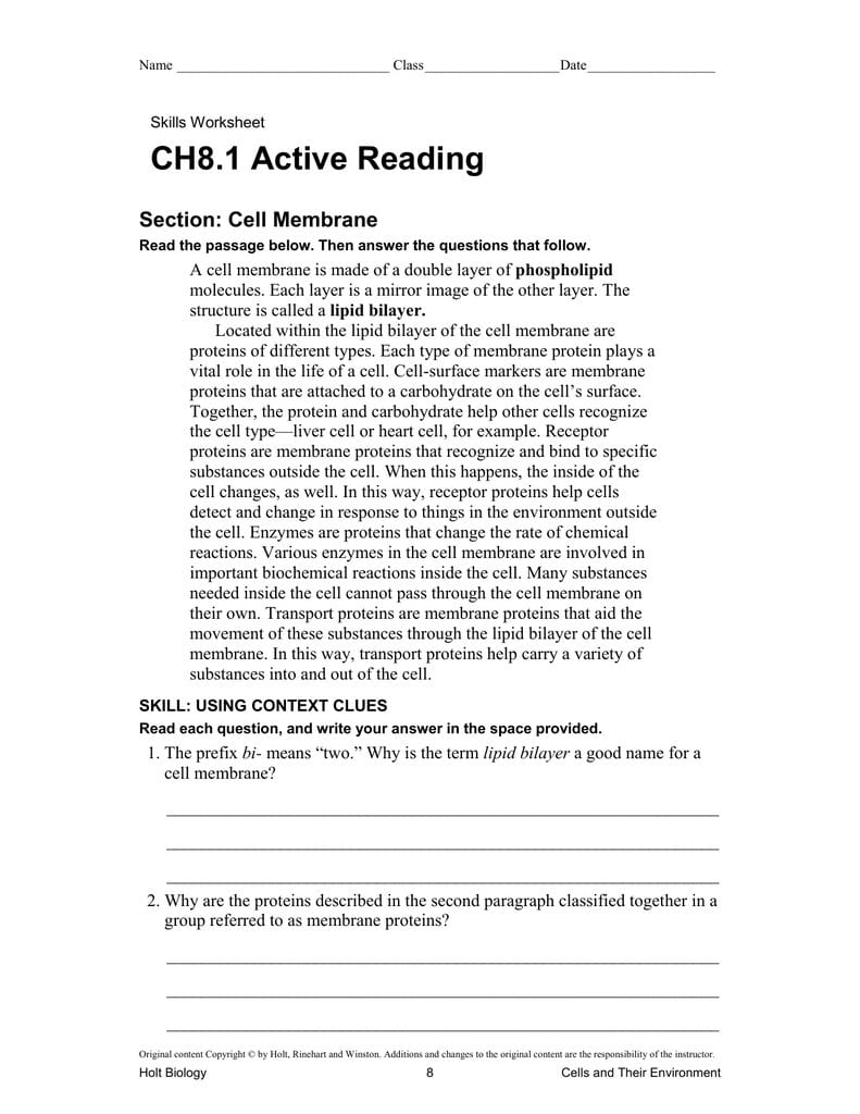 Ch81 Active Reading Section Cell Membrane Within Holt Biology Cells And Their Environment Skills Worksheet Answers