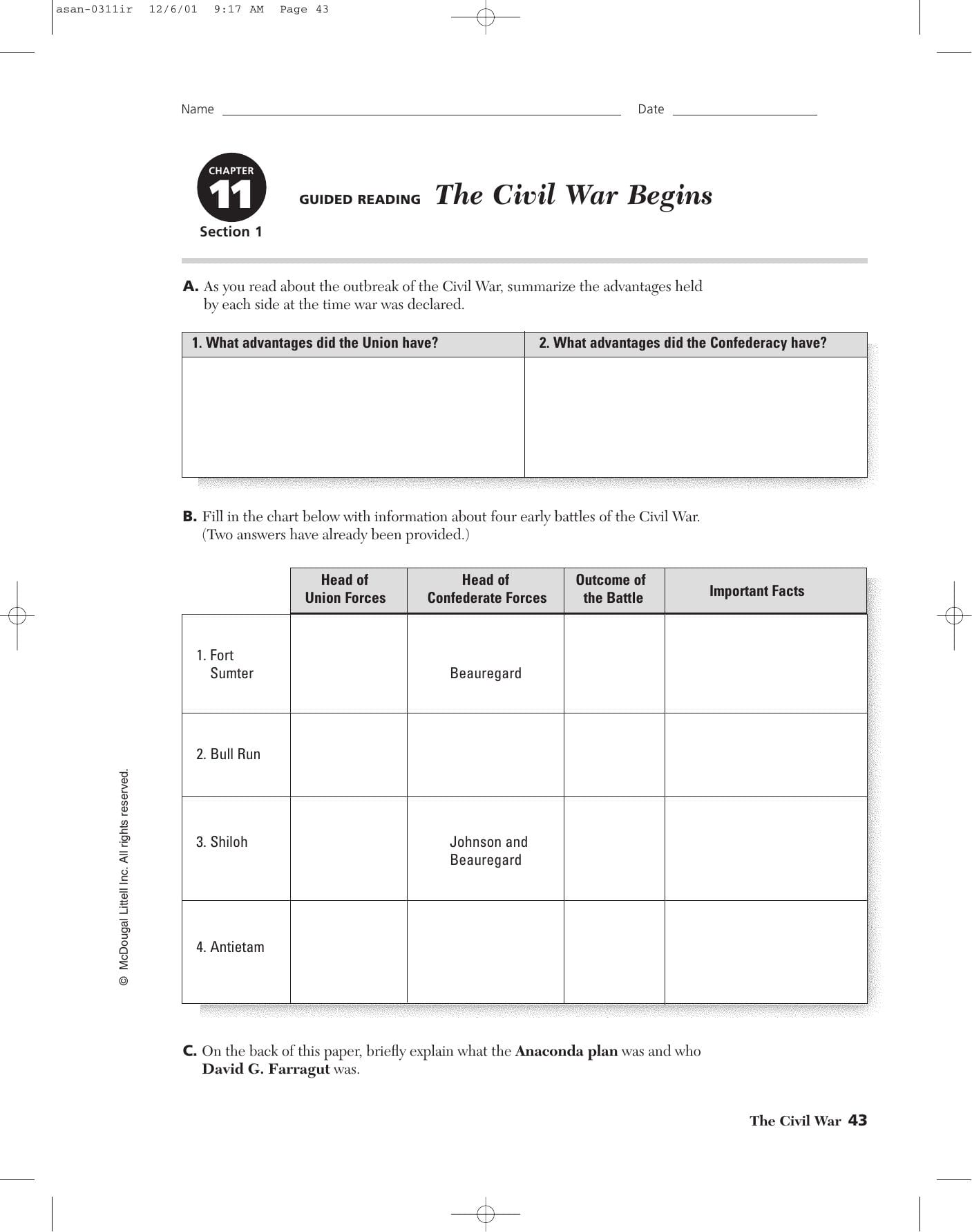 Chapter 11 Guided Reading The Civil War Begins As Well As Chapter 11 Section 1 World War 1 Begins Worksheet Answers