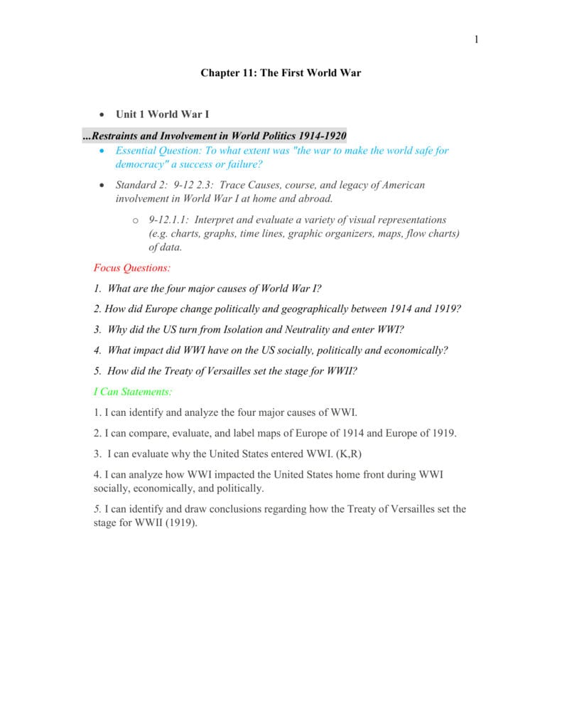 Chapter 11 The First World War Notes And Chapter 11 Section 1 World War 1 Begins Worksheet Answers
