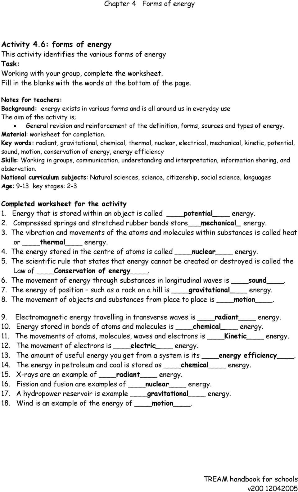 Chapter 4 Forms Of Energy  Pdf For Forms Of Energy Worksheet Answers
