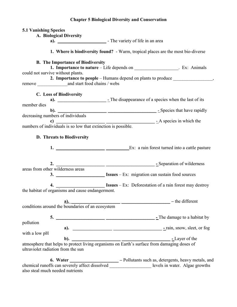 Chapter 5 Biological Diversity And Conservation Regarding Biological Diversity And Conservation Chapter 5 Worksheet Answers