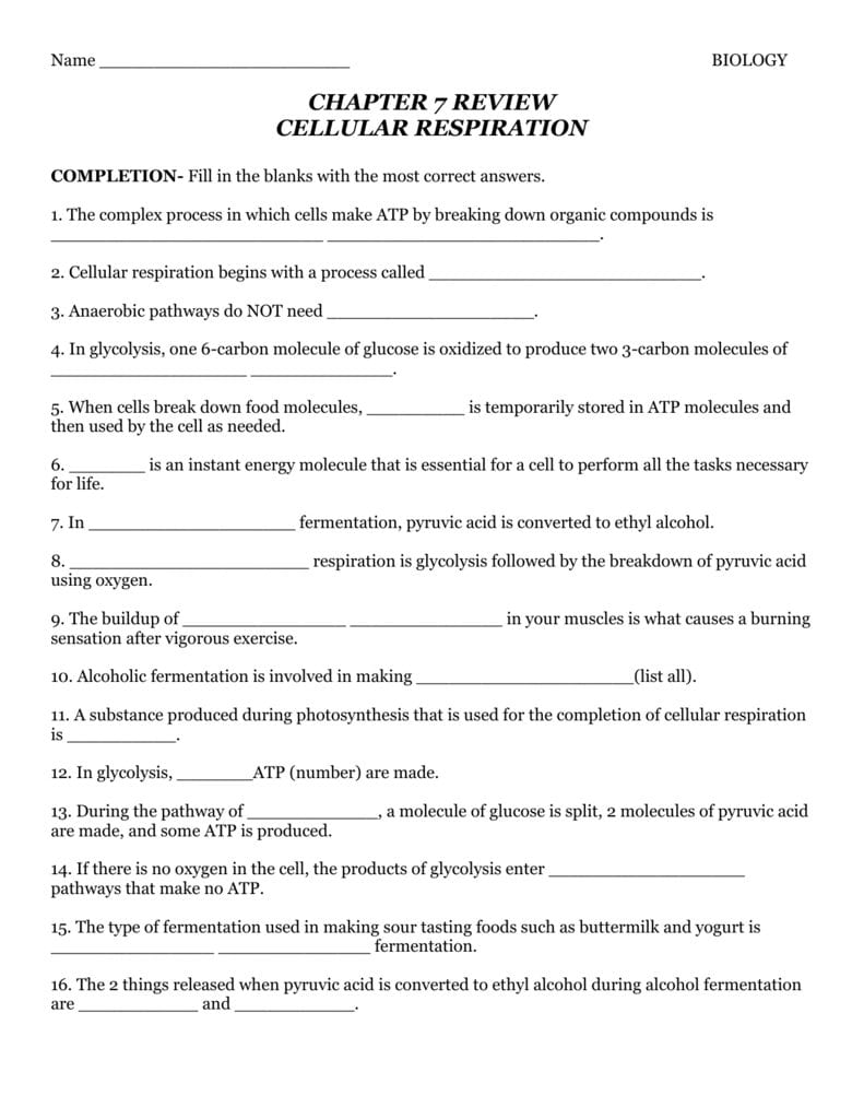 Chapter 7 Review Throughout Chapter 7 Active Reading Worksheets Cellular Respiration Section 7 1