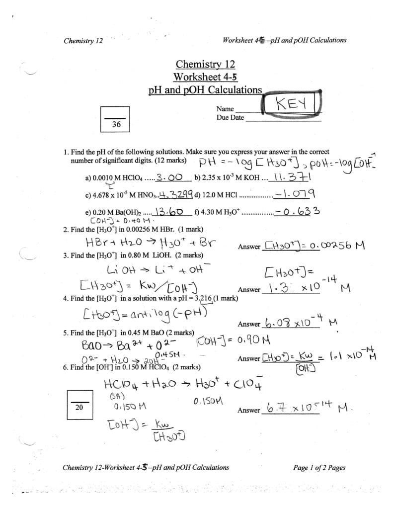 Chem 12  Ws45 Ph And Poh Also Ph And Poh Calculations Worksheet